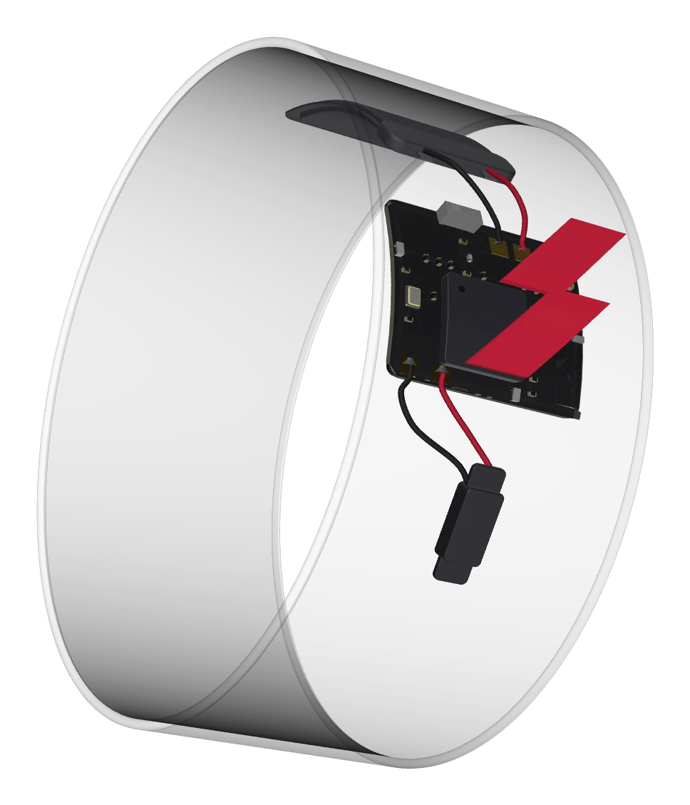 The Impkt Band shown as a see-through shell, with the circuit board,
             the battery and the magnetic charge connector visible inside the
             wall of the strap.